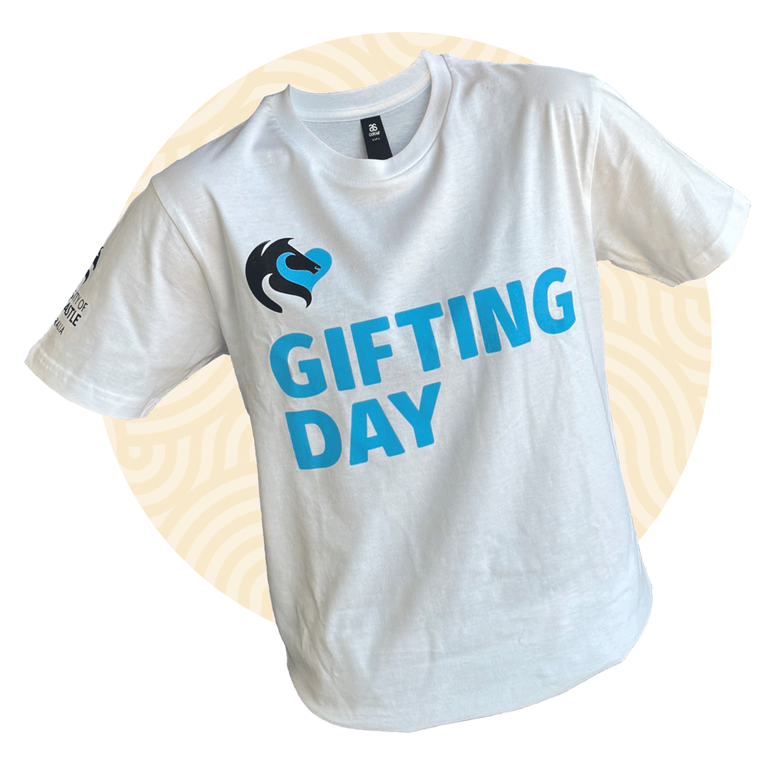 A white t-shirt with Gifting Day written on it in blue