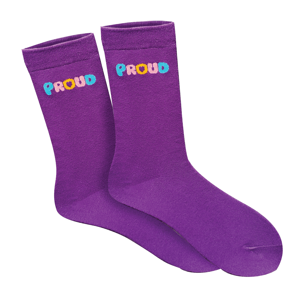 Purple socks with embroidered PROUD artwork