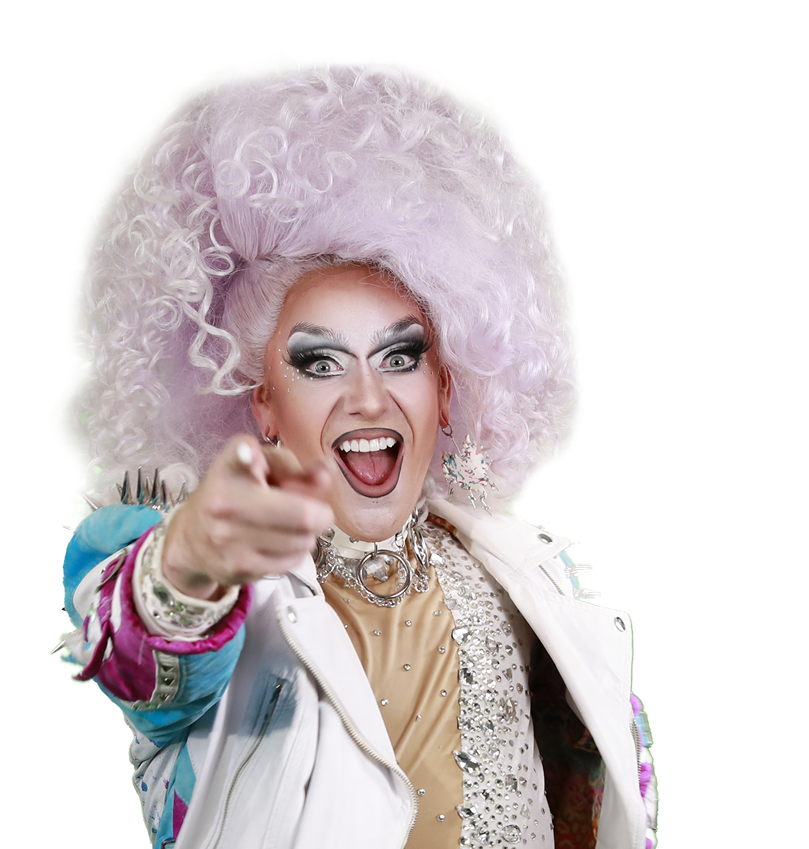 Drag queen excitedly pointing at the camera