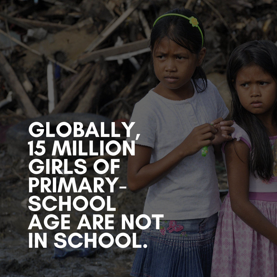 Statistic about girls out of school, with two young girls in background