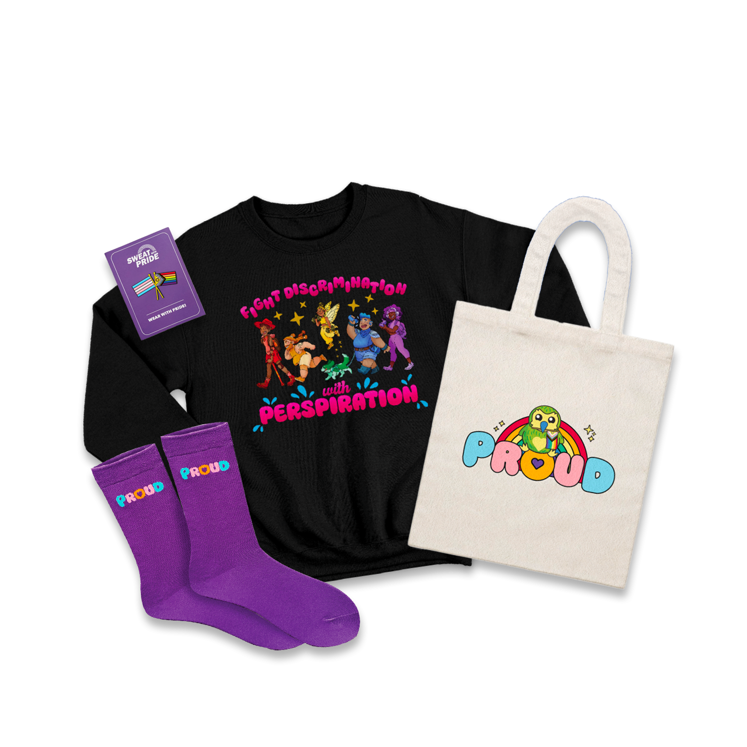 Group of Sweat with Pride rewards: Pride Pin, Sweater, PROUD socks, and PROUD tote bag