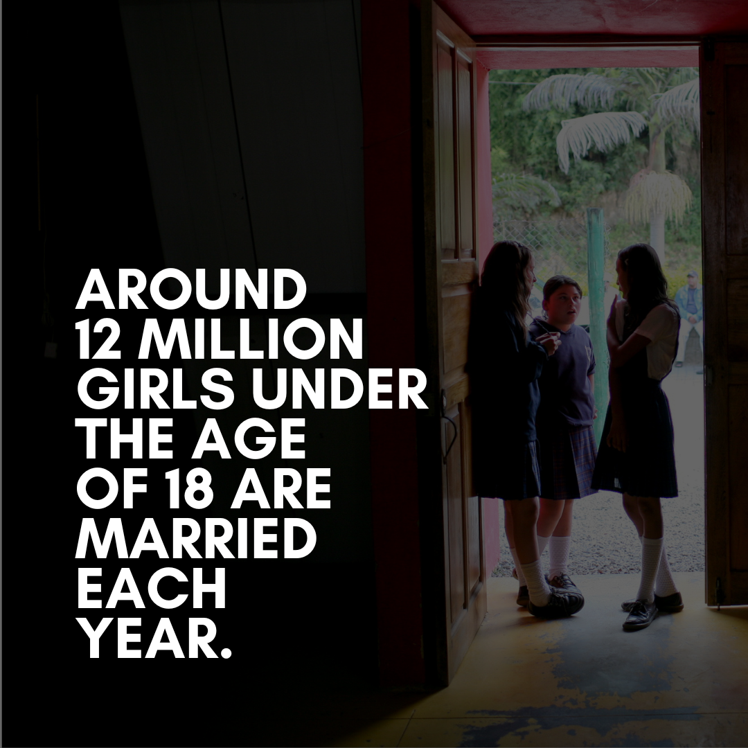 Statistic about child marriage with school girls standing in a doorway