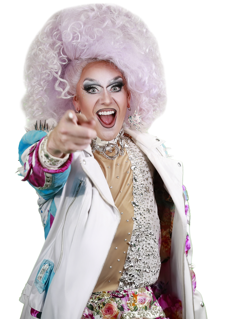 Fabulous drag queen smiling and pointing at the camera