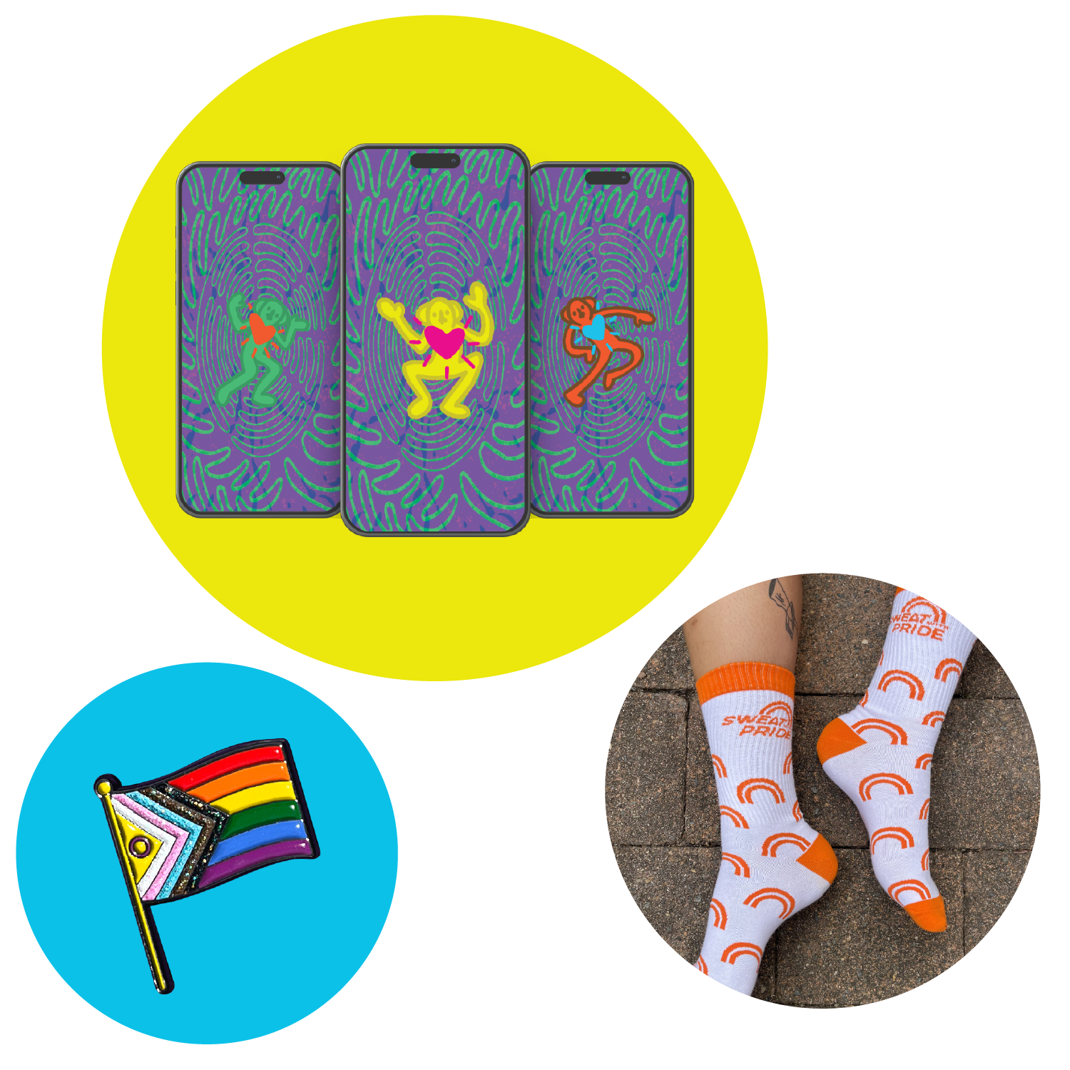 Collage of giveaway items including phone wallpaper, pride pins, and SWP socks